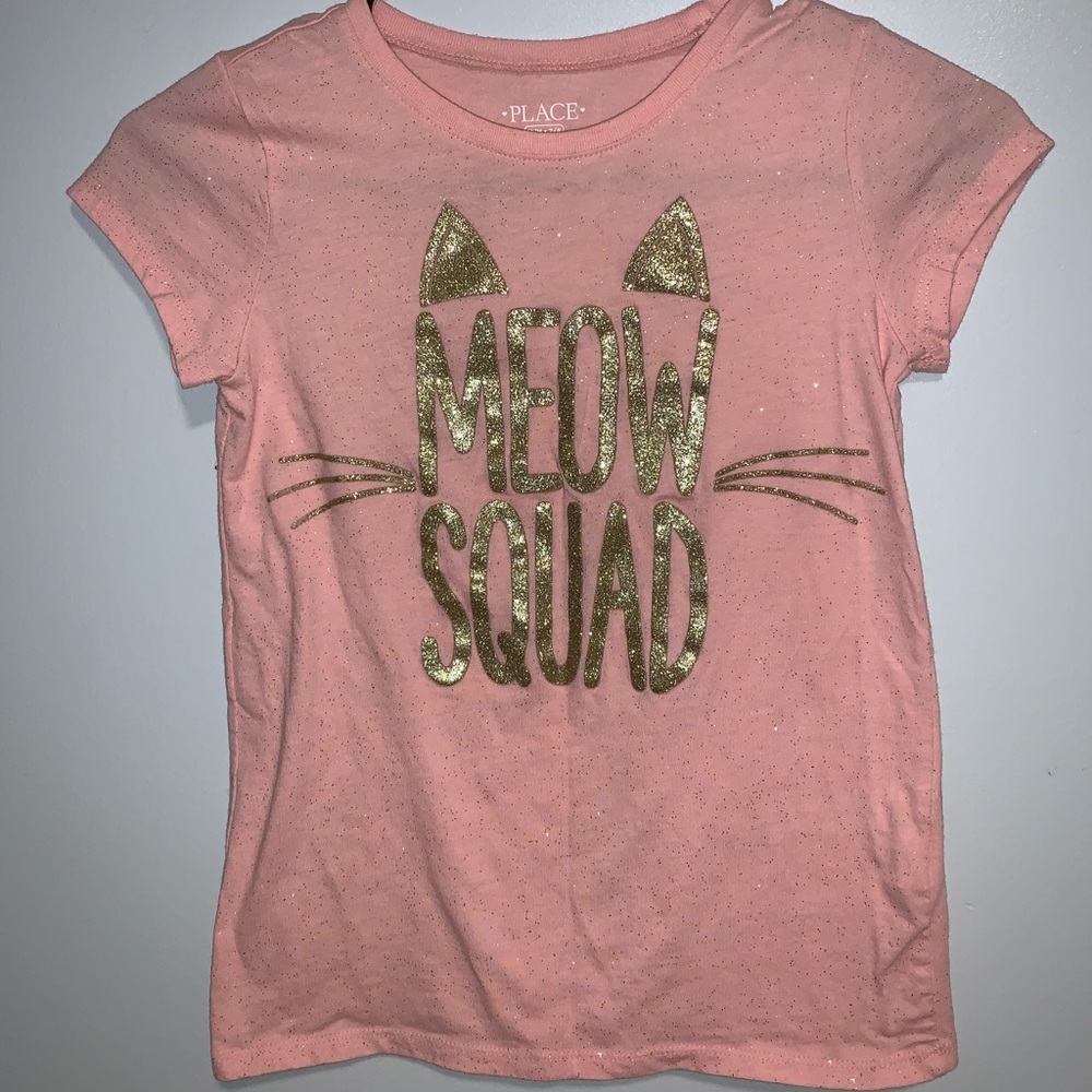 Pink Meow Squad shirt with gold lettering